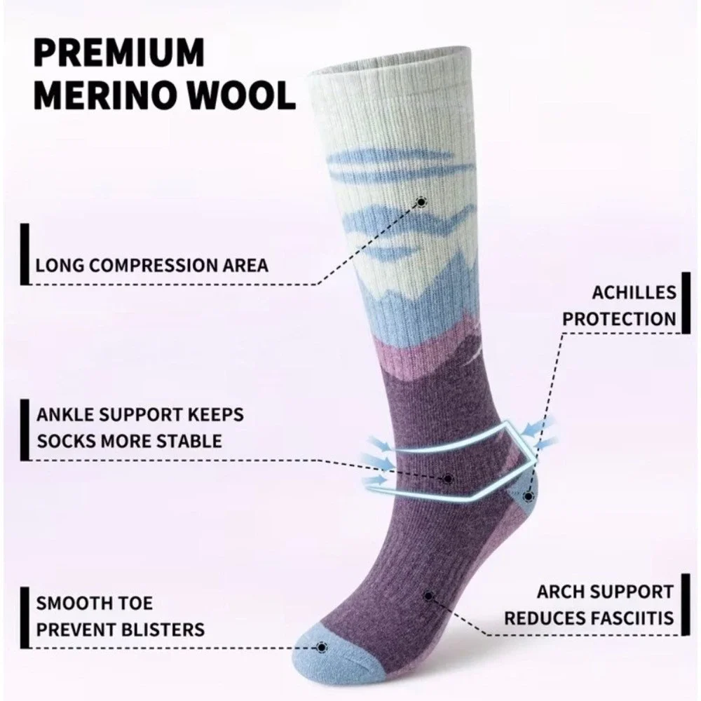 Unisex Tall Ski Socks 10-13 Merino Wool Anti-odor Anti-slip Alps Design NEW NICE